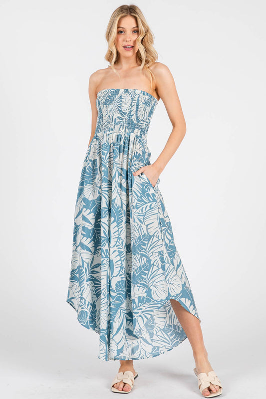 Blue and Cream Flowy Tropic Print Smocked Top Detail Jumpsuit