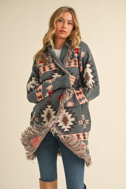 Aztec Print Fringed Knitted Long Cardigan