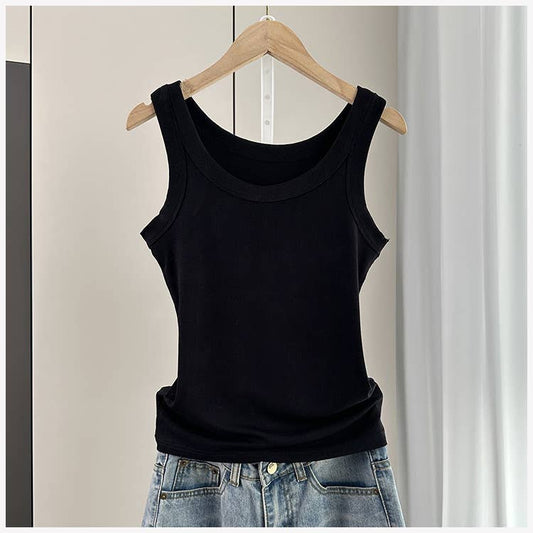 White or Black Everyday Round Neck Rib Fitted Cotton Tank Top