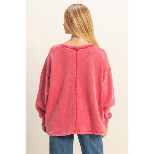 Raspberry Red Oversized V-Neck Sweatshirt With Raw Edge Detail
