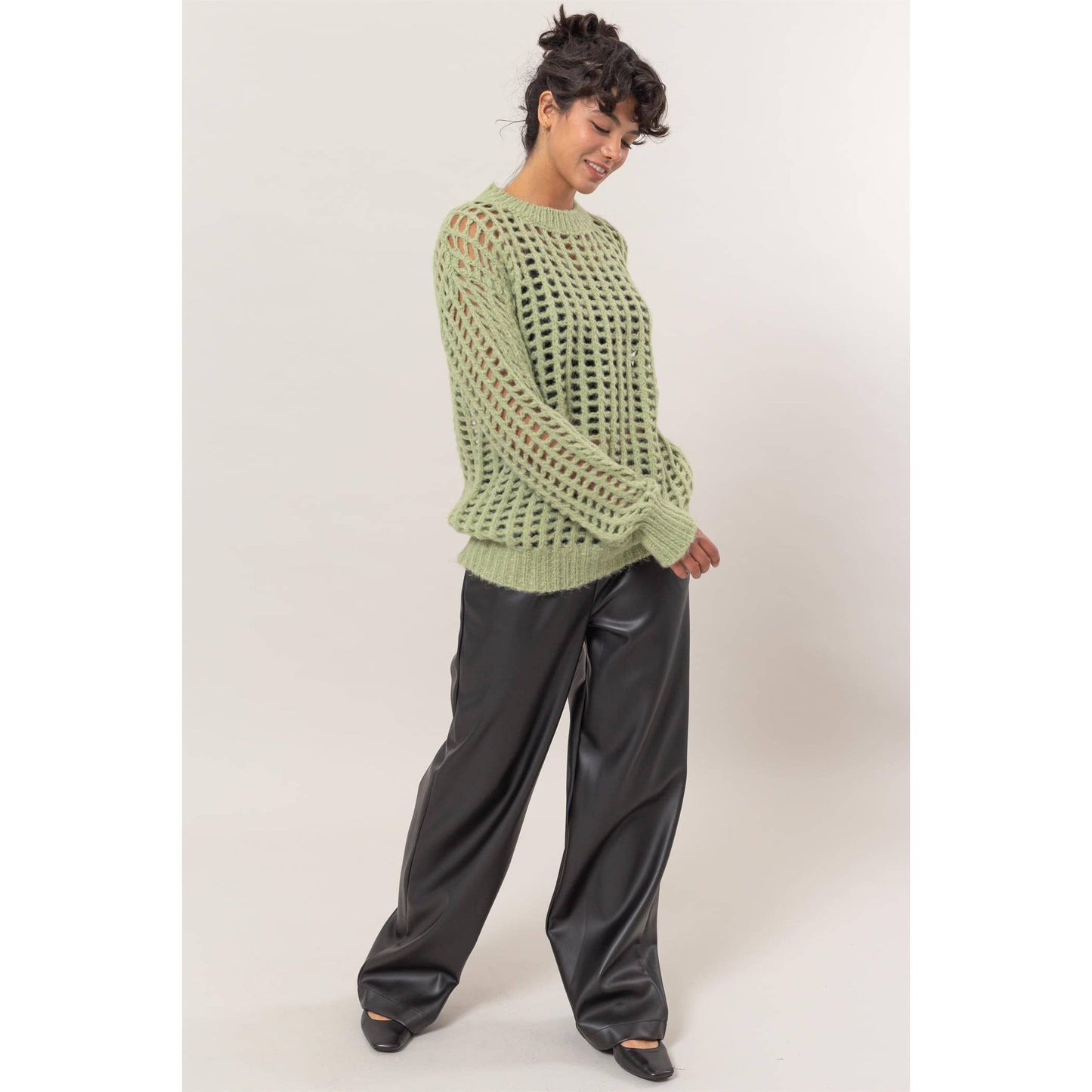 Pastel Green Open Fish Net Long Sleeve Sweater
