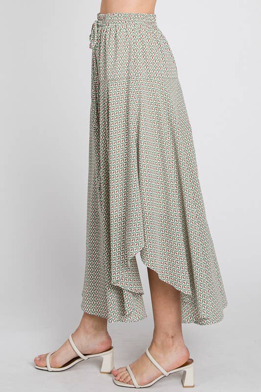 Jade and Burgundy Midi Skirt Juliana Pattern Drawstring Waist and Flared Curve Hemline