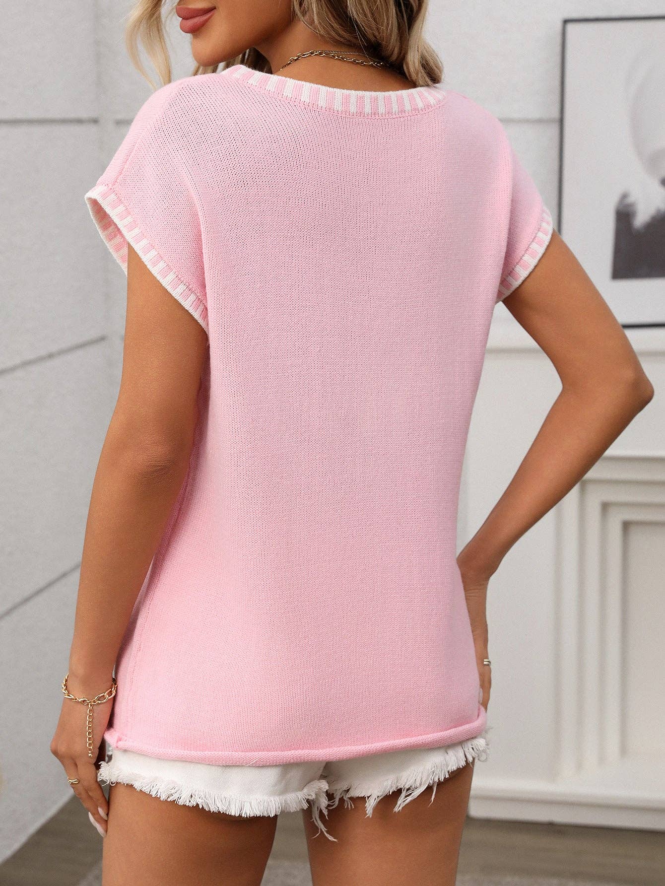 Pink with White Detail Summer V-Neck Cap Sleeve Solid Knit Sweater