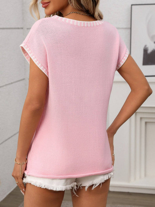 Pink with White Detail Summer V-Neck Cap Sleeve Solid Knit Sweater