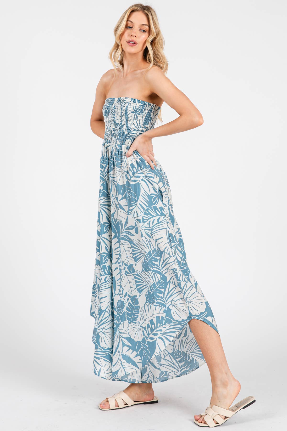 Blue and Cream Flowy Tropic Print Smocked Top Detail Jumpsuit