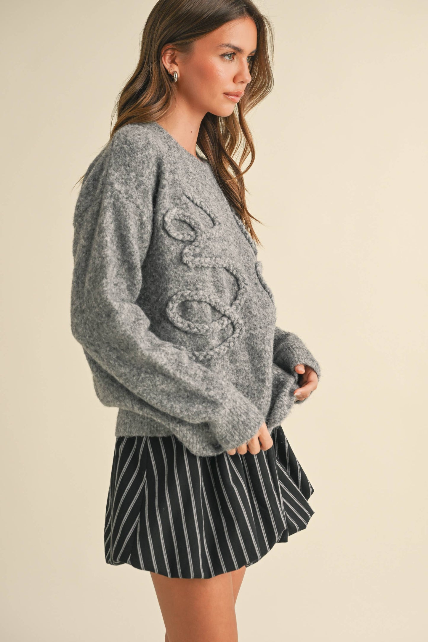 Grey Oversized Soft Vine Detailed Sweater