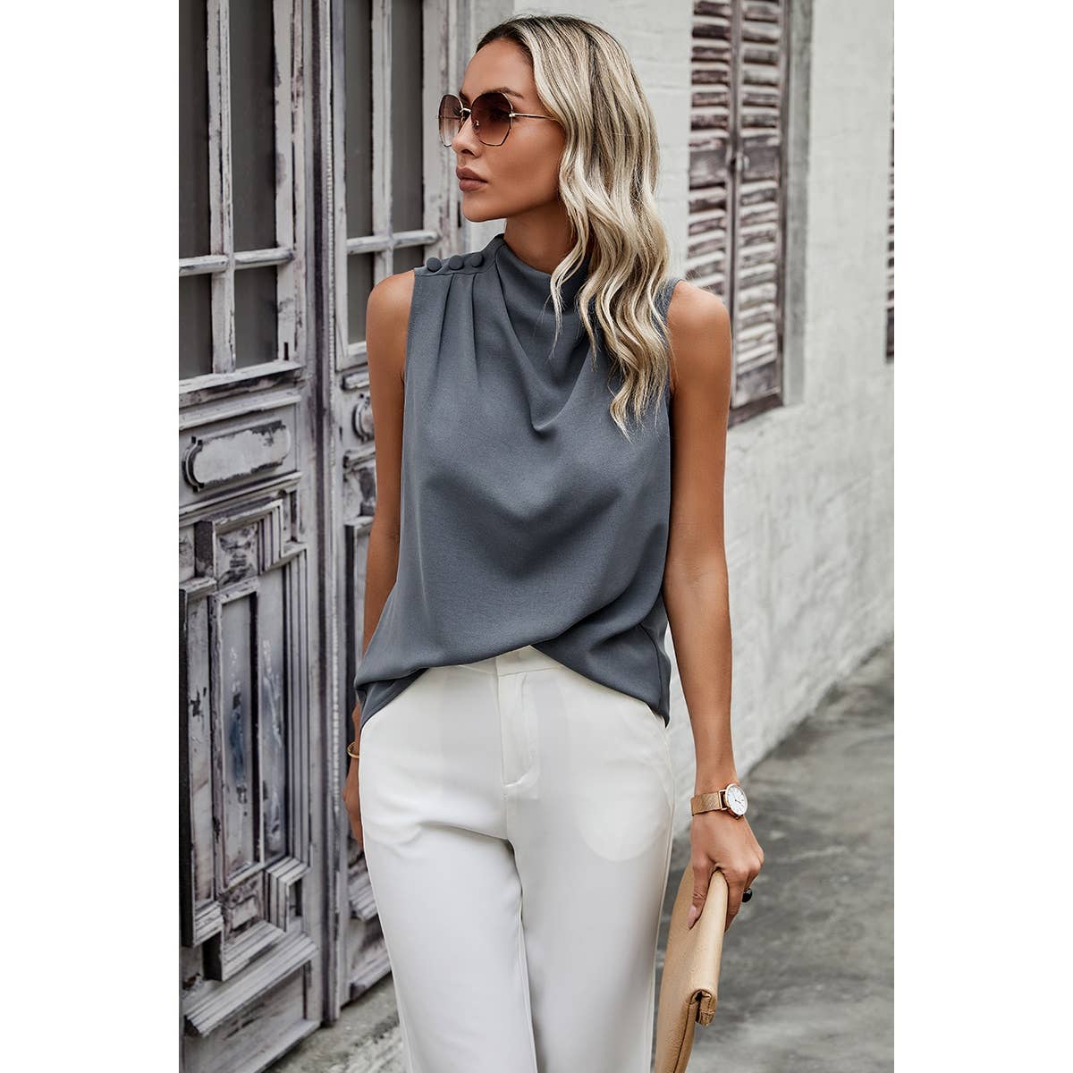 Button Grey Blue Silky Layered Collar Sleeveless Blouse