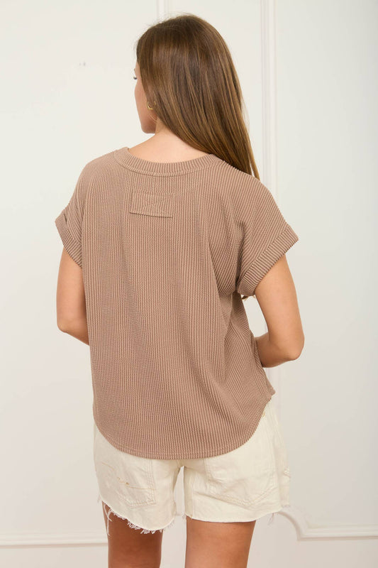 Mocha Ribbed Short Sleeve Top- 141019