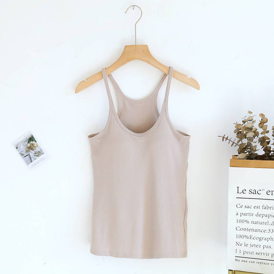 Beige athletic Spoon U-neck built-in bra rib tank top