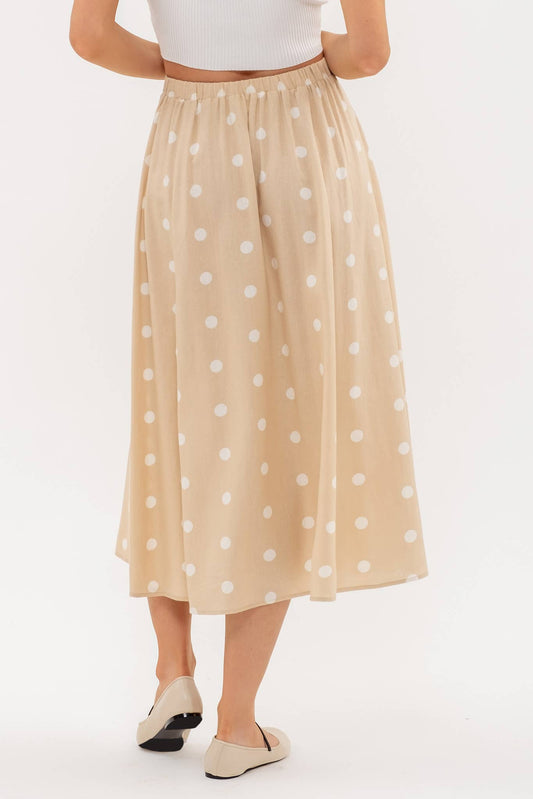 Khaki and White Linen Polka Dot Button Down Skirt