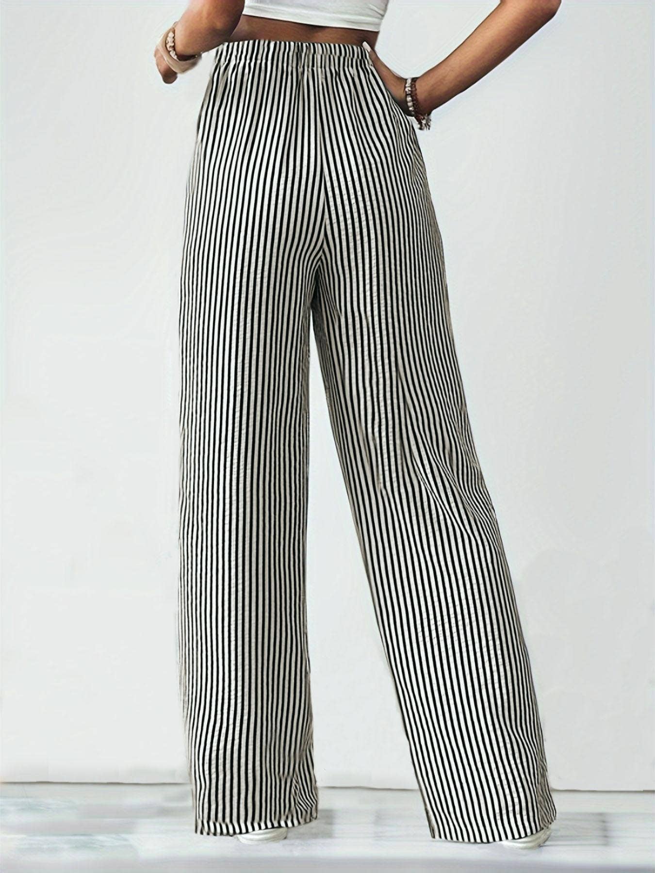 Black and Cream Cotton Blend Striped Straight Leg Drawstring Waist Pants
