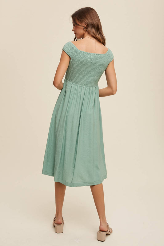Jade Green Ruched Bodice Midi Dress- 121343