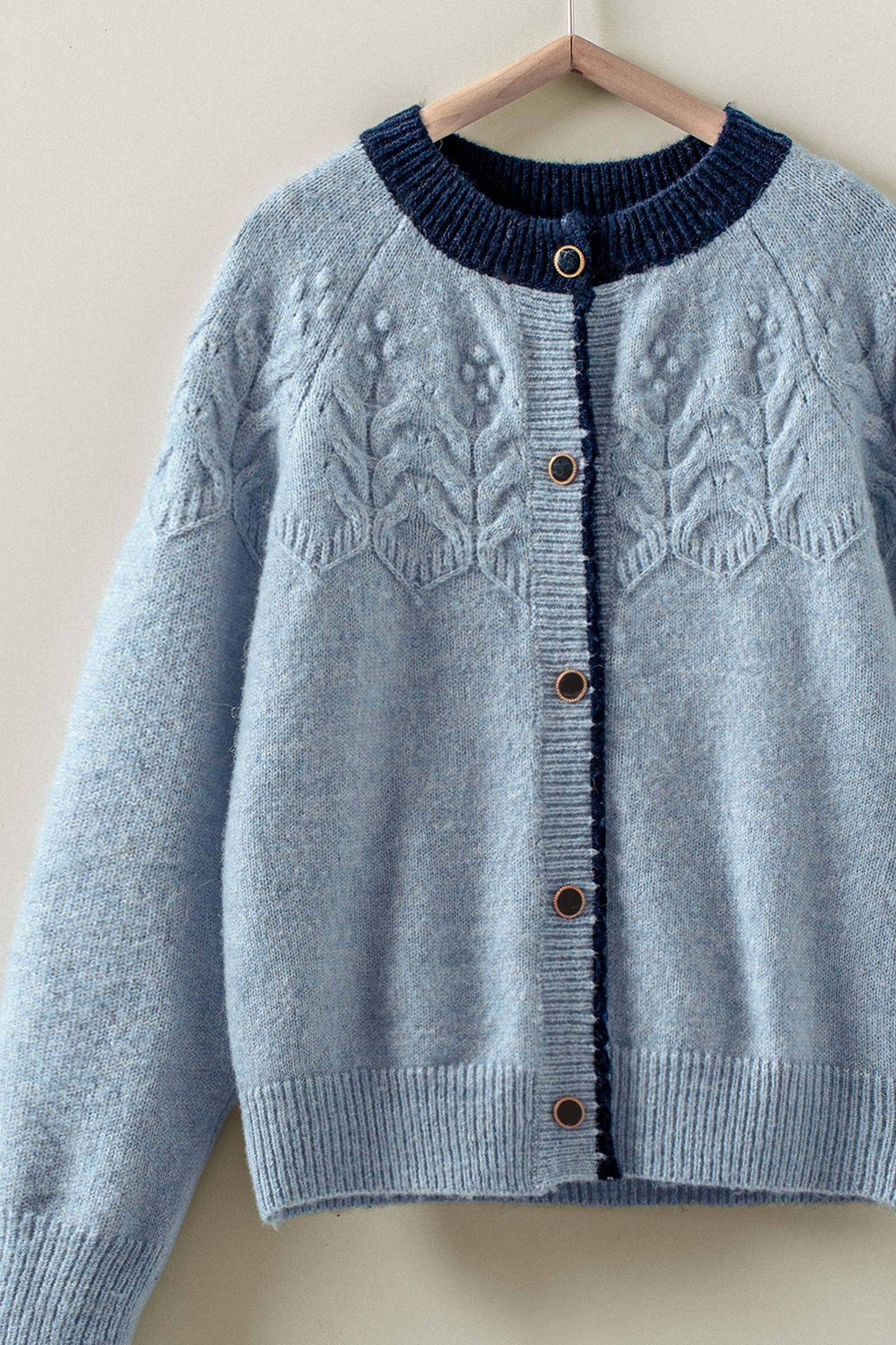 Light Blue w/ Navy Detail and Accent Buttons Cardigan Sweater