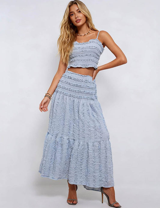 Misty Blue Romantic Tiered Maxi Skirt-133488