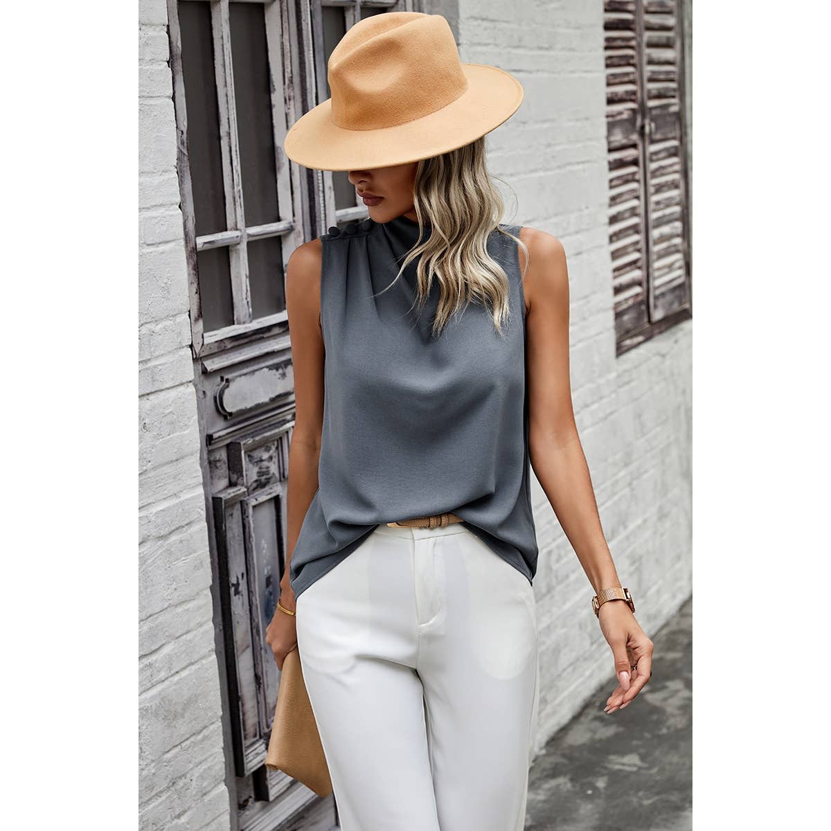 Button Grey Blue Silky Layered Collar Sleeveless Blouse