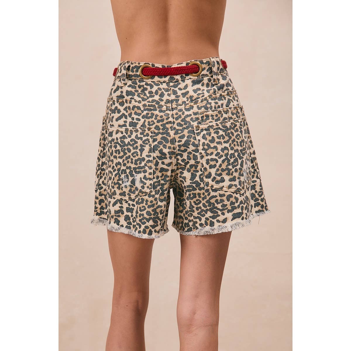 Leopard Print Shorts w/ Red Braided Waist Belt-111683