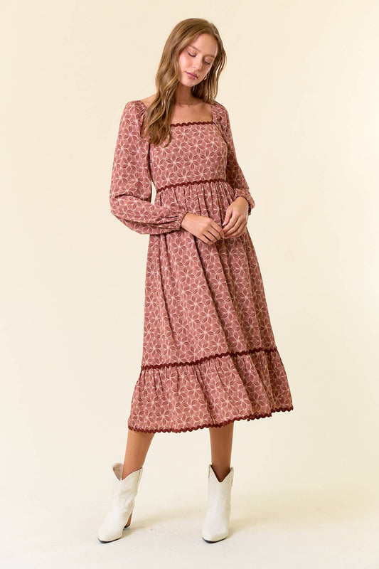 Floral Terra Cotta Square Neck Lace Tiered Midi Dress