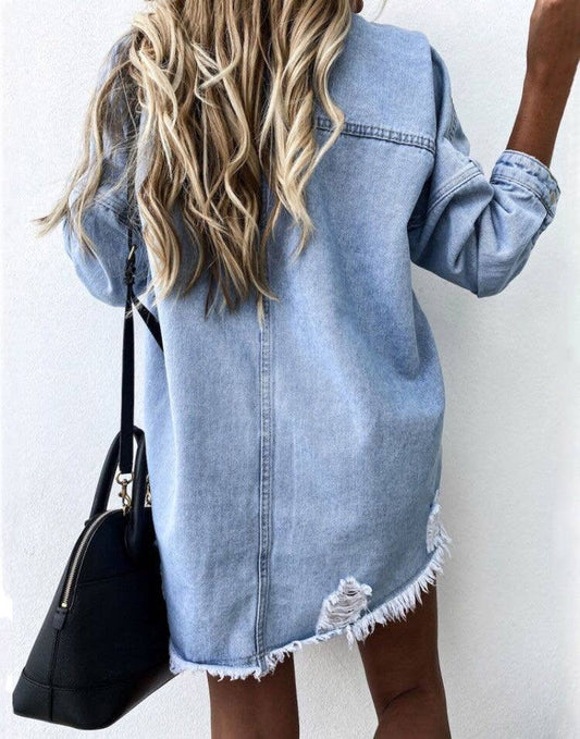 Blue Faded Oversized Distressed Frayed Edges Denim Jacket
