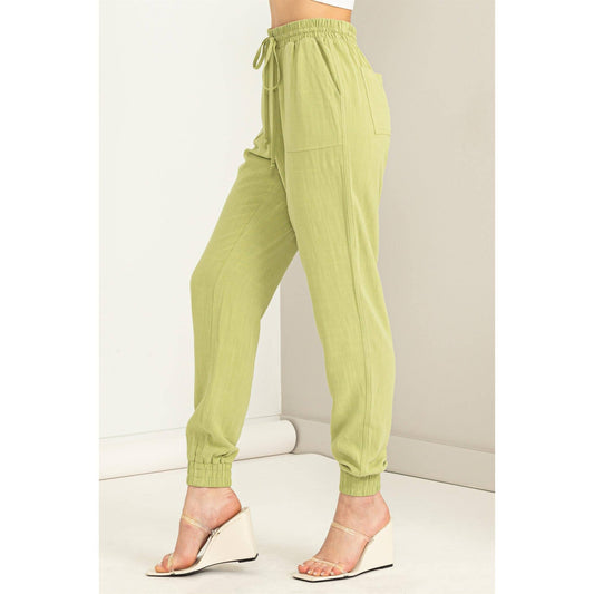 Pale Olive Green Linen Drawstring Jogger Pants