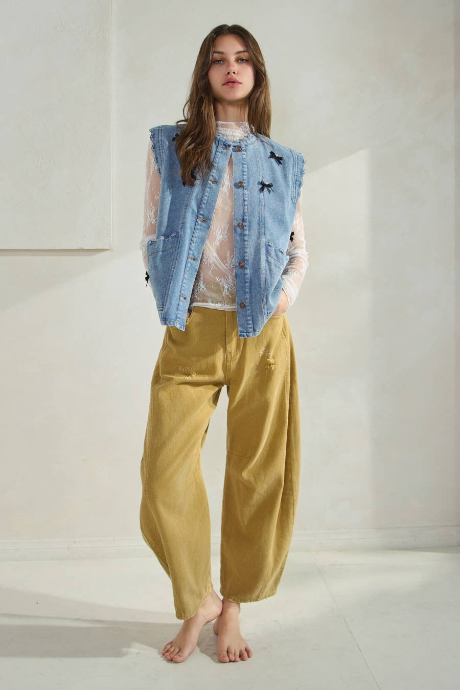 Mustard Acid Washed Barrel Denim Pants-131774
