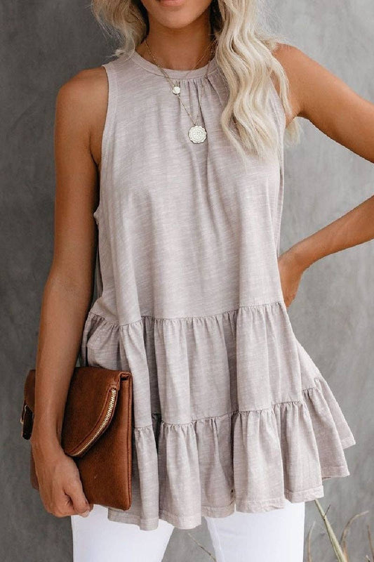 Black or Tan Sleeveless Loose Fit Ruffle Hem Flared Tunic Top-146002