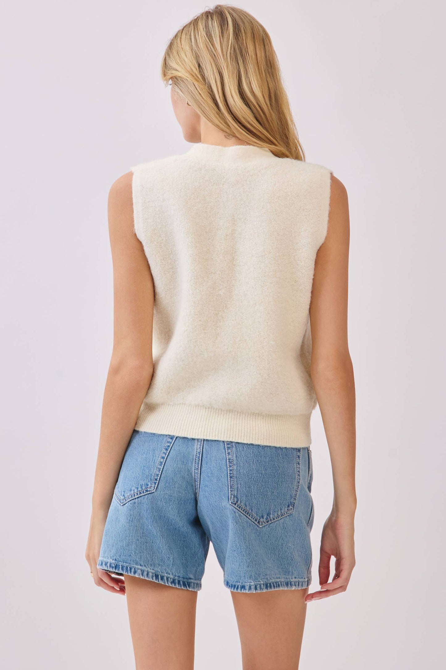 Ivory Fuzzy Sweater Vest with Gold Bow Buttons