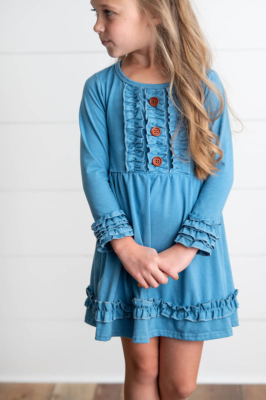 Long Sleeve Solid Blue Ruffle Button Cotton Dress