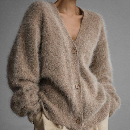 Coffee Cashmere- like Oversized V-Neck Cardigan Sweater
