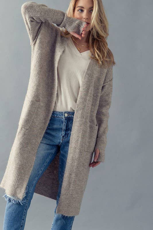 Taupe Soft Cozy Knit with Thumbhole Cuff Long Cardigan