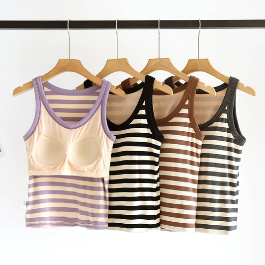 Your Choice...Coffee/ Blue/ Black and Cream Stripe Scoop Neck built-in bra Ribbed Tank Tops
