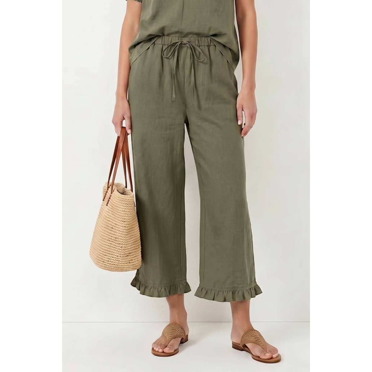 Light Olive Ruffle Detail Capri Pant - 139925