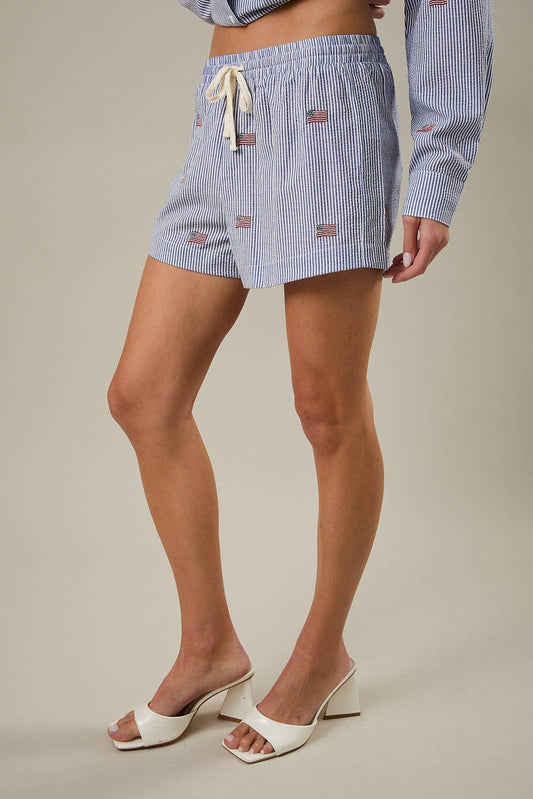 Navy and White Stripe Shorts w/ Embroidered American Flags-118857