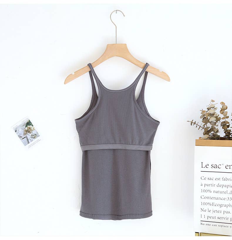 Beige athletic Spoon U-neck built-in bra rib tank top