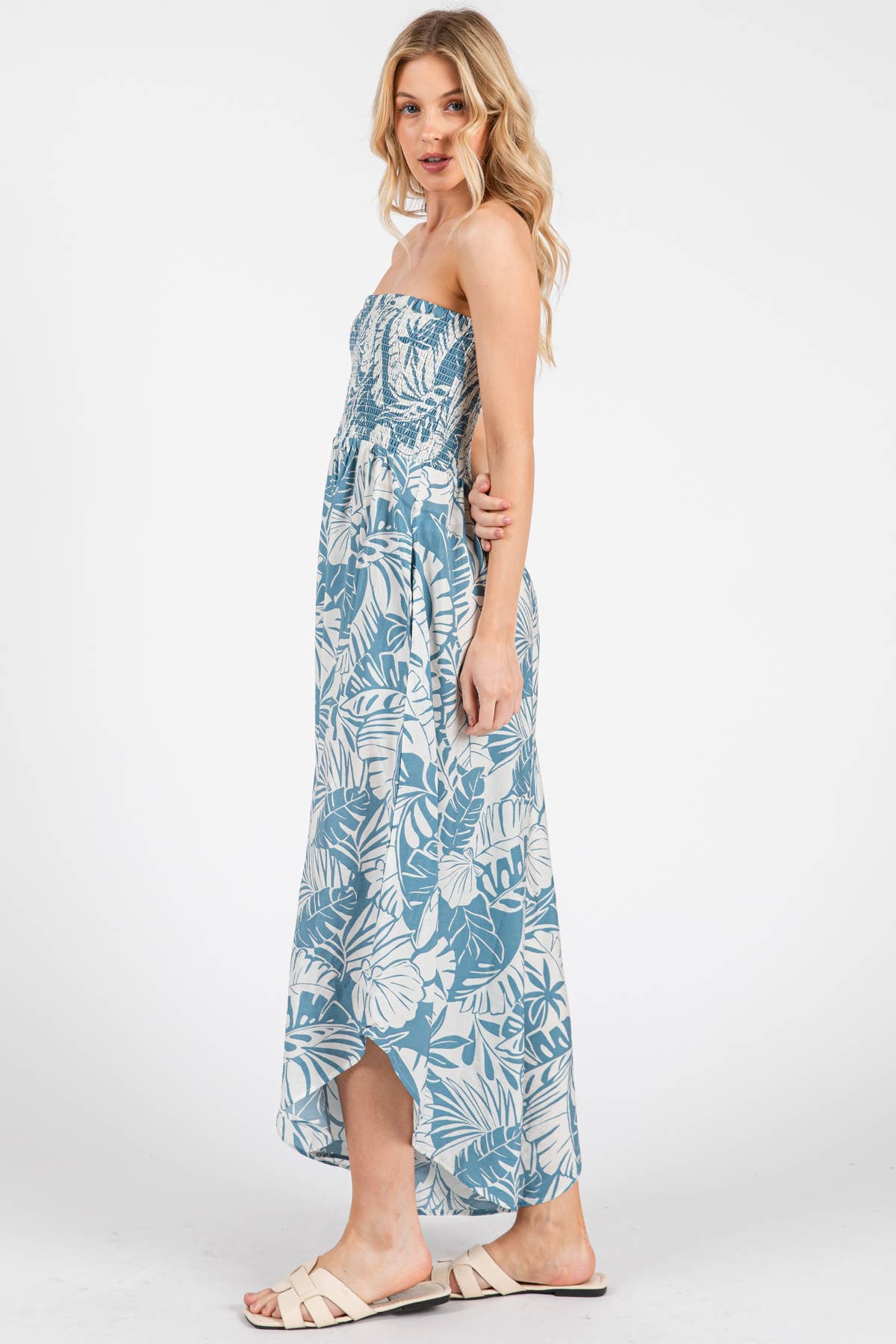 Blue and Cream Flowy Tropic Print Smocked Top Detail Jumpsuit
