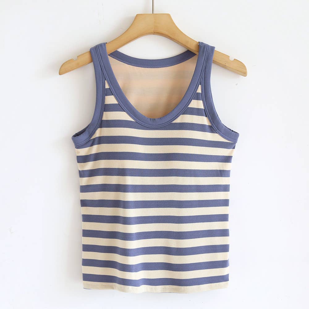 Your Choice...Coffee/ Blue/ Black and Cream Stripe Scoop Neck built-in bra Ribbed Tank Tops