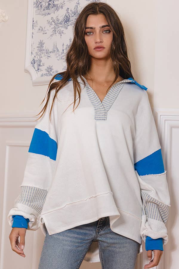 Ivory & Navy French Terry Knit Color-block Collared Loose Fit Top