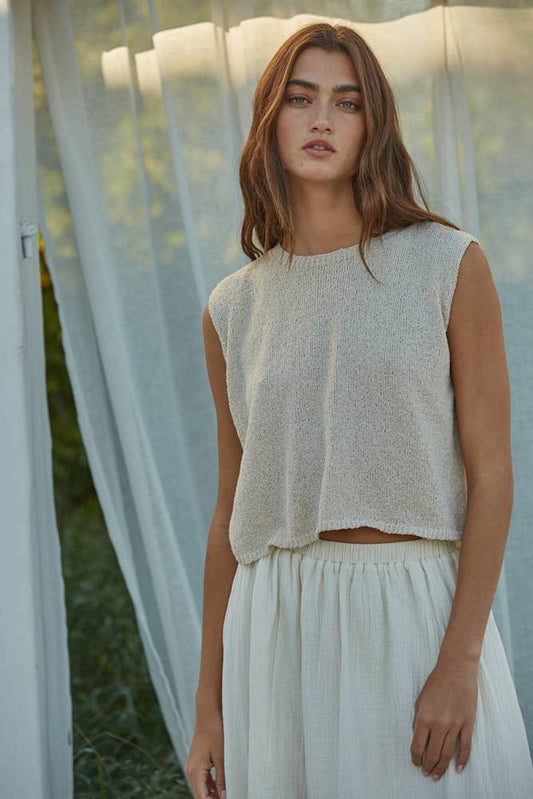 Beige Knit Sweater Crew Neck Sleeveless Crop Top - 151444