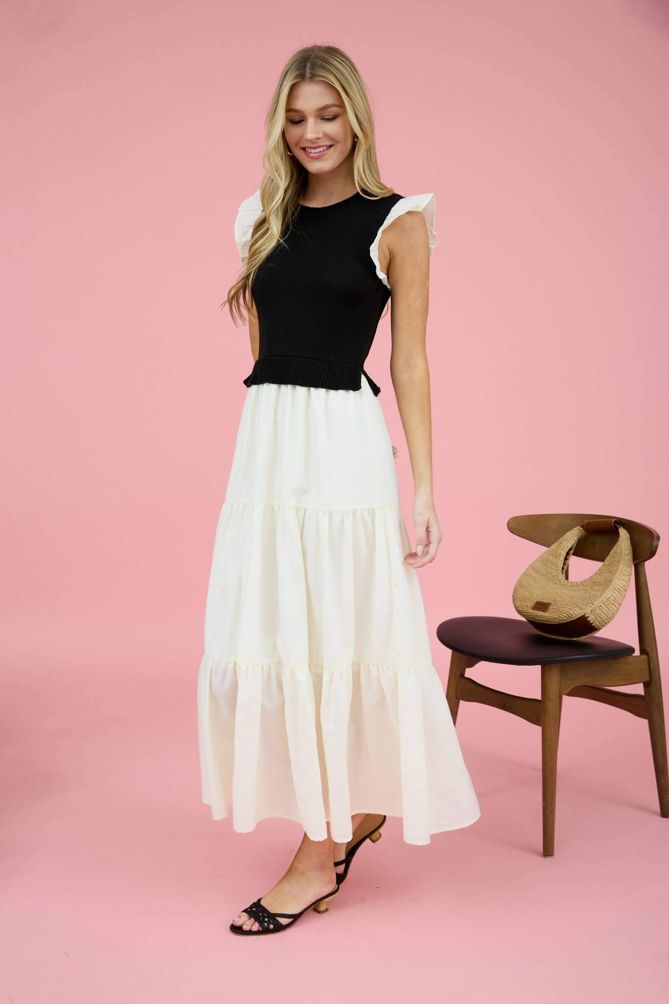 Black Summer Knit Ruffled Cap Sleeve Vest Lined Maxi Dress