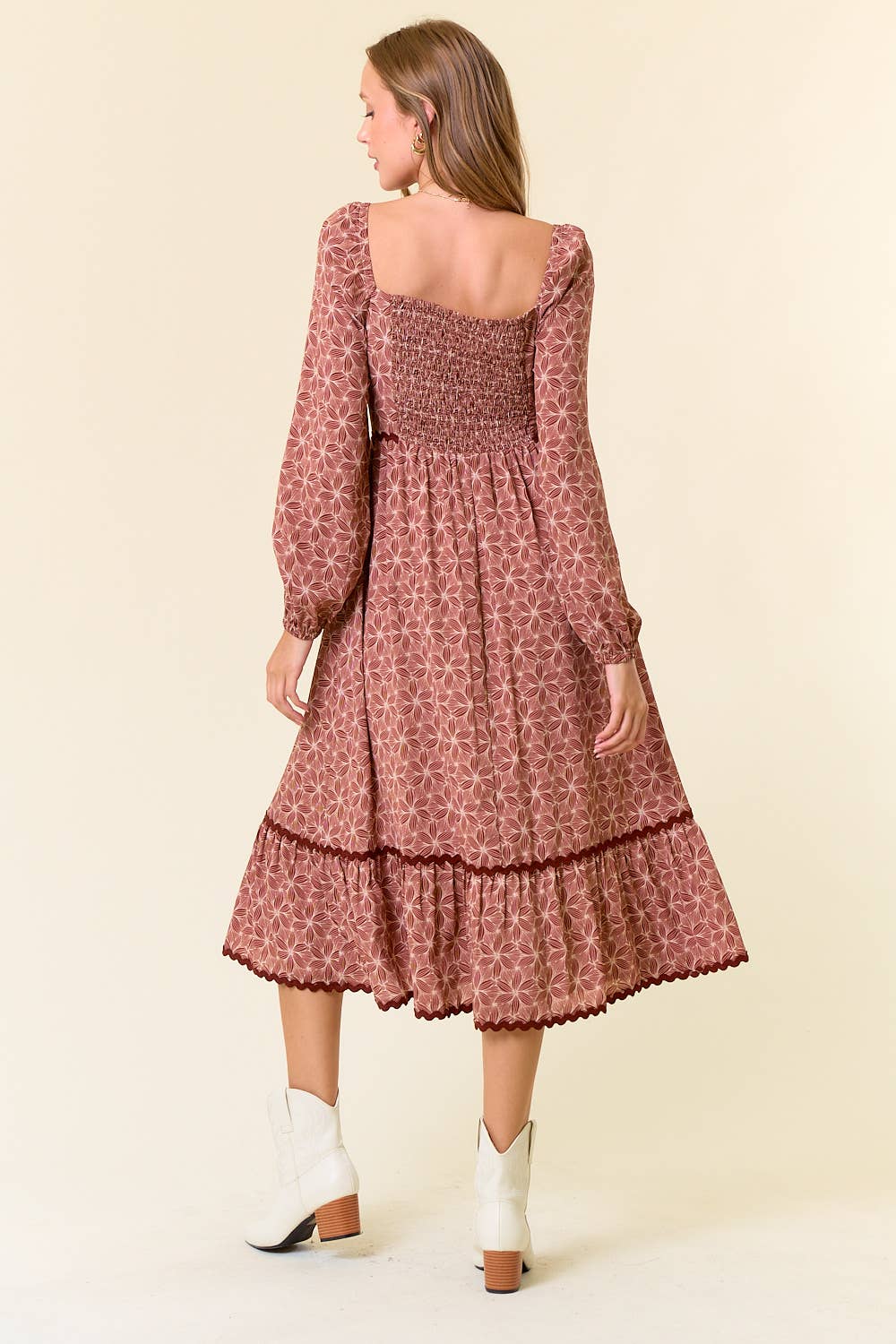 Floral Terra Cotta Square Neck Lace Tiered Midi Dress