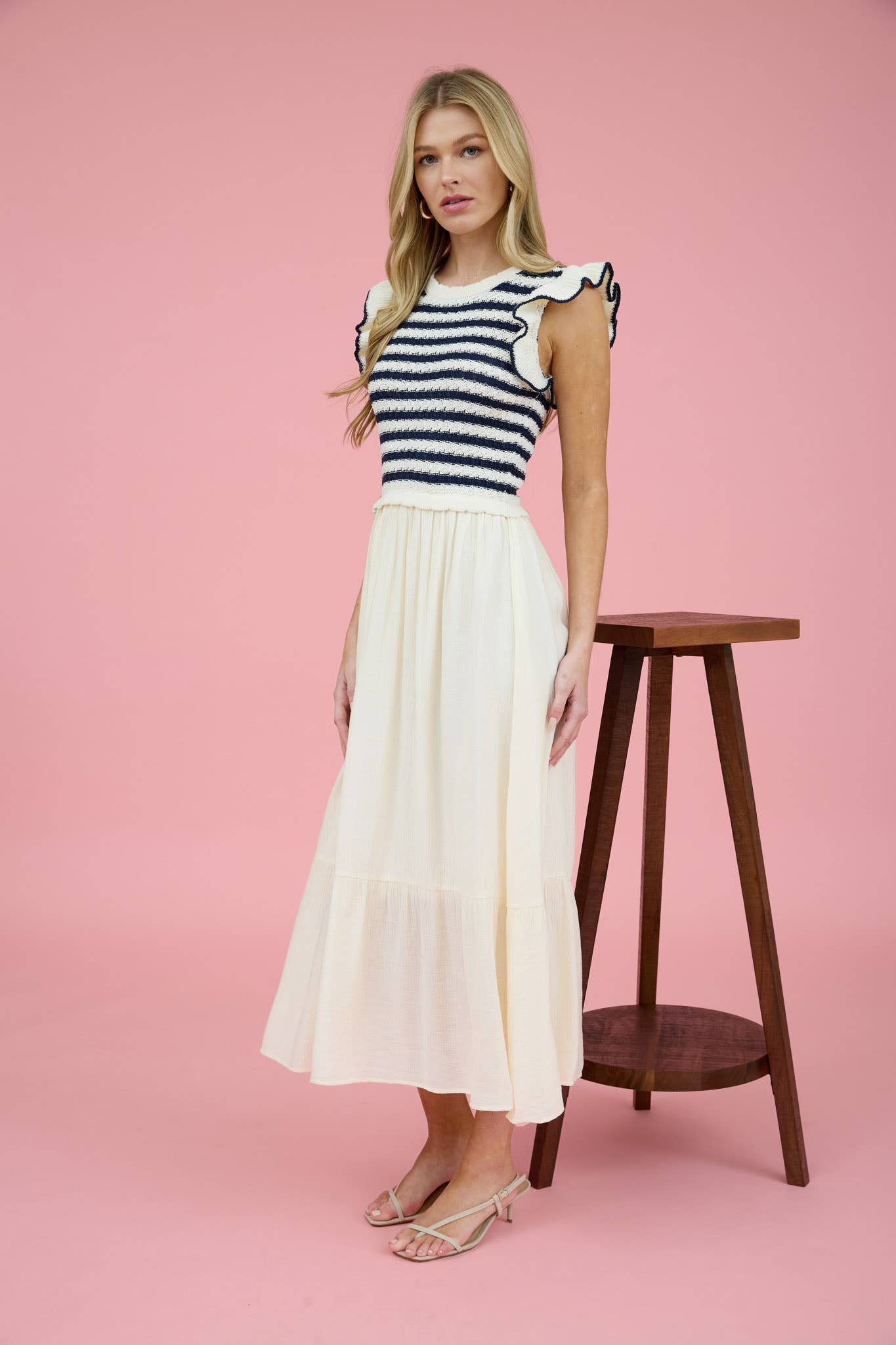 Navy and Cream Striped Summer Knit Vest Lined Maxi Dress