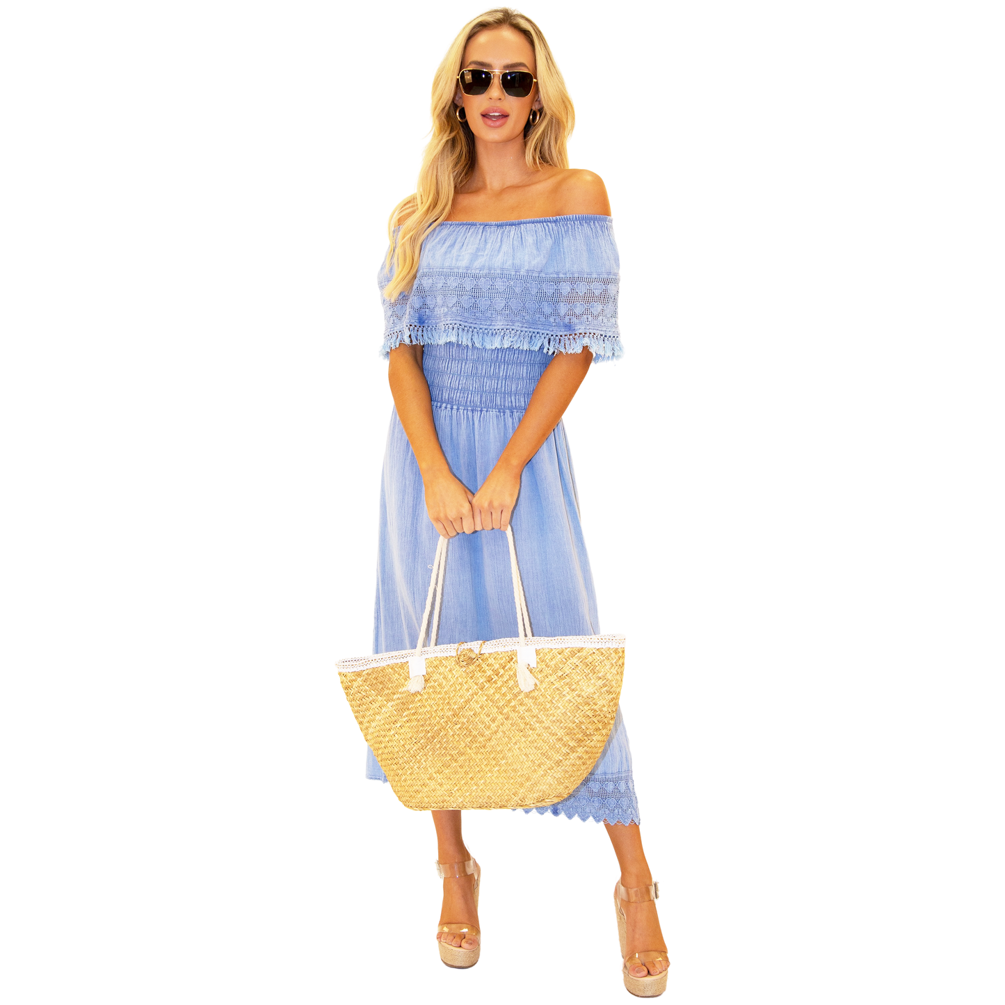 Indigo Blue with Fun Fringe Detail Cotton Midi Dress
