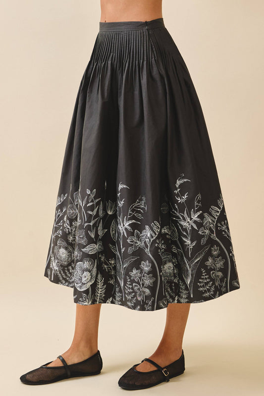 Black Botanical Print Fine Pleat Skirt-139568