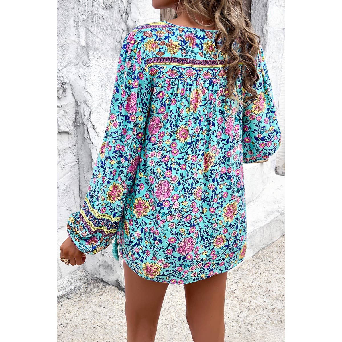 All Over Floral Print with String Tassels Deep V Boho Top