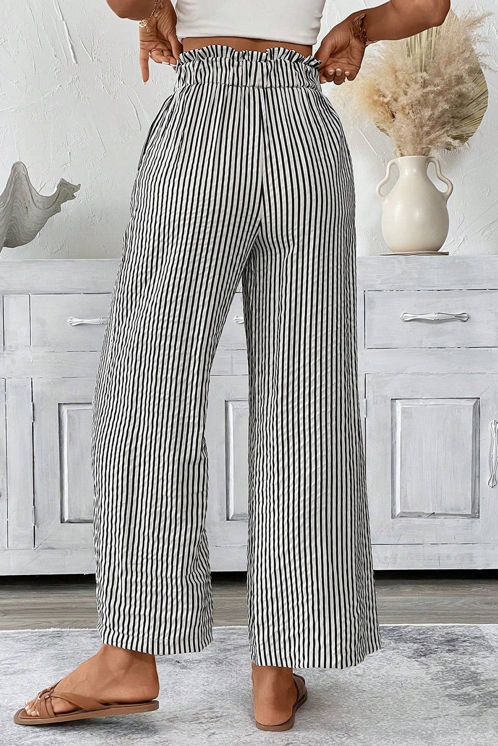Black/White Striped Tie Knot Wide Leg Cropped Pants - 137713