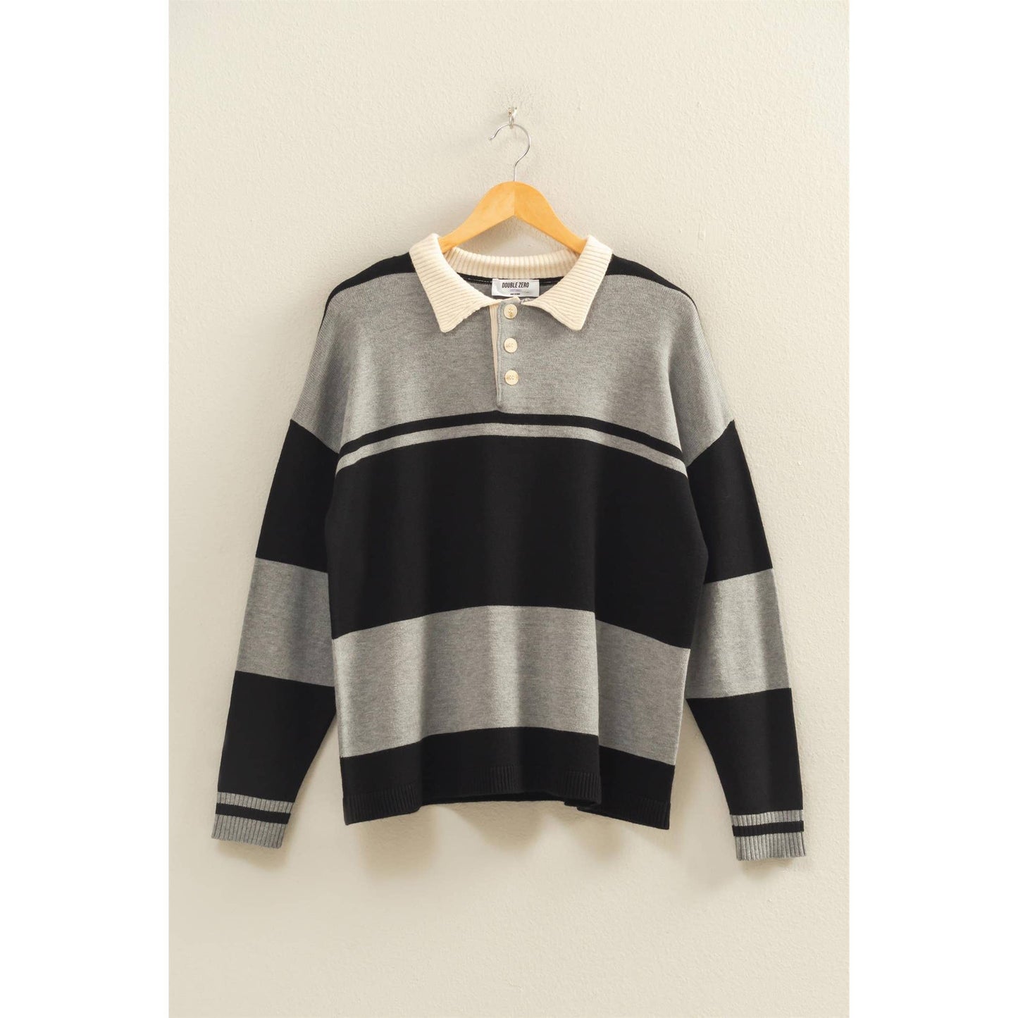 Polo Collar Black and Heather Grey Striped Sweater
