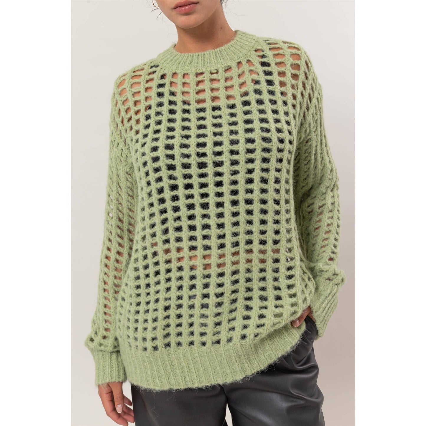 Pastel Green Open Fish Net Long Sleeve Sweater