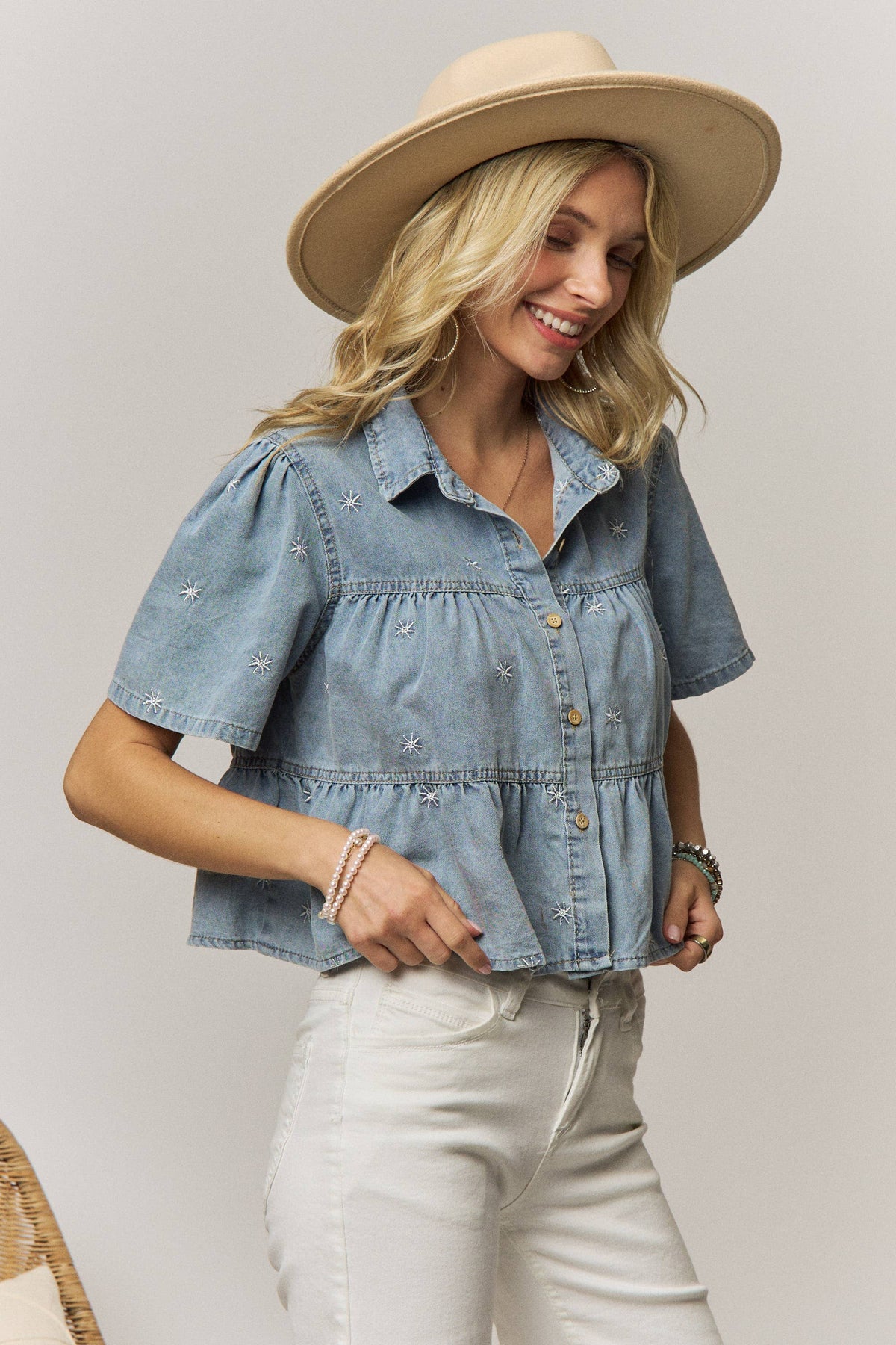 Denim Star Tiered Embroidered Shirt-144516