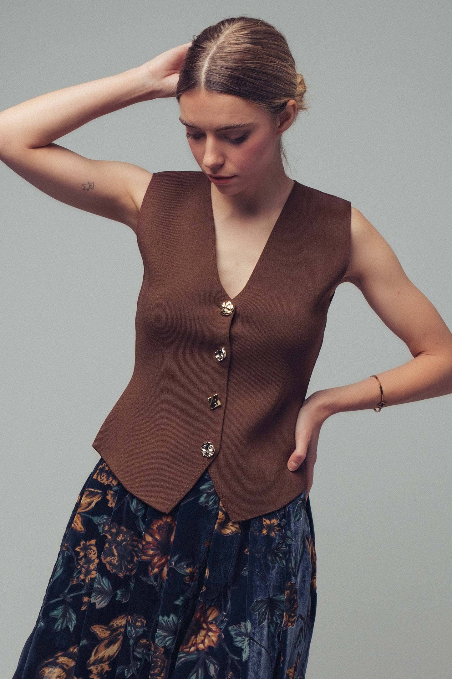 Black Ornate Mismatched Button V-Neck Knit Vest