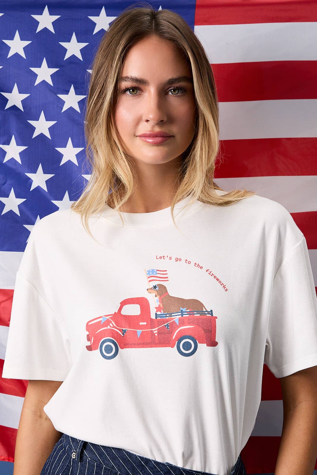White USA Dog Car Graphic Print Tee-142111