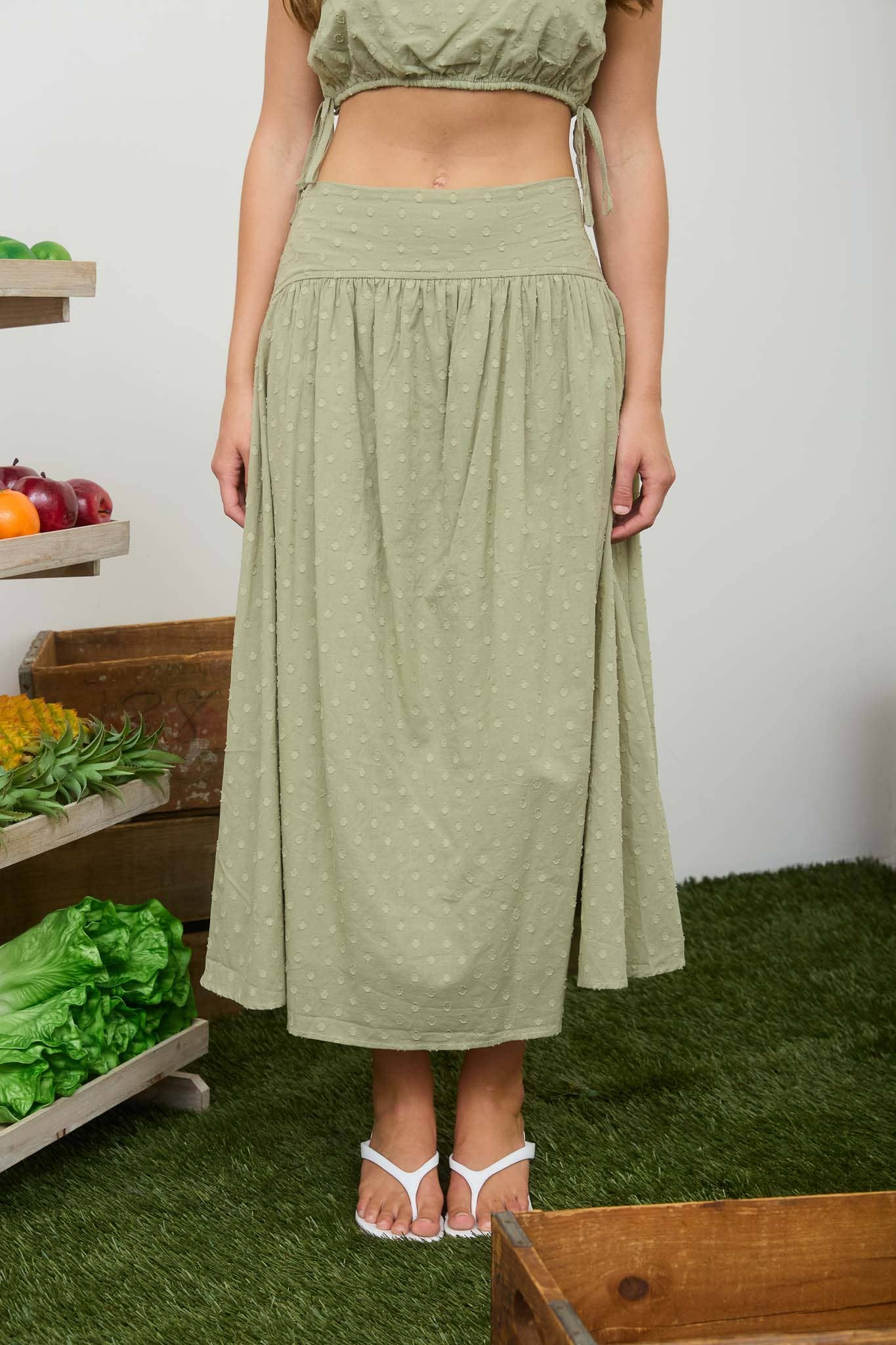 Jade Green Dot Textured Midi Skirt- 131005